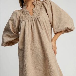 Umgee Beige Embroidered Puff Sleeve Dress